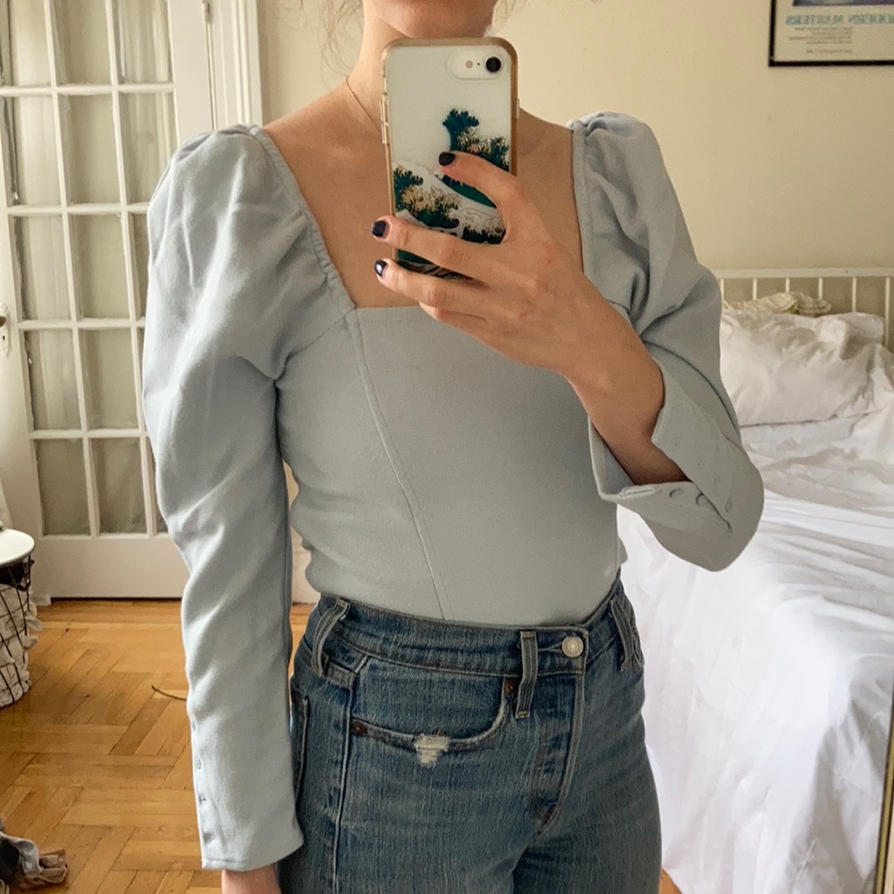 SOMETHING NAVY BABY BLUE PUFF SLEEVE SQUARE NECK TOP